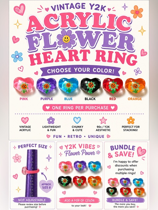 Vintage Jewelry - Vintage Y2K Acrylic Chunky Flower Heart Ring - Choose Your Color - New Old Stock